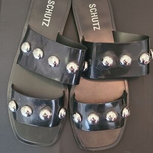 SCHUTZ Black Glossy Rubber Slide Sandals